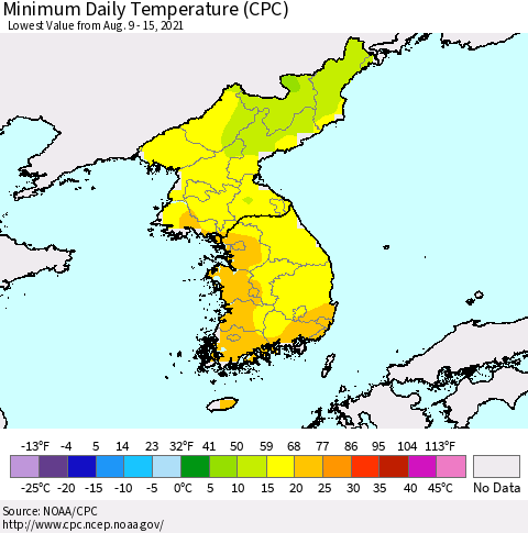 Korea Minimum Daily Temperature (CPC) Thematic Map For 8/9/2021 - 8/15/2021