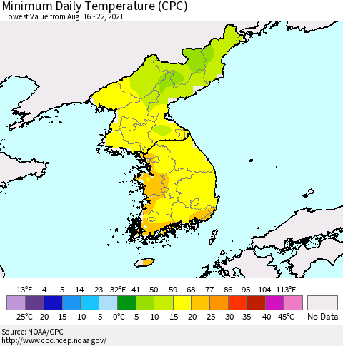 Korea Minimum Daily Temperature (CPC) Thematic Map For 8/16/2021 - 8/22/2021