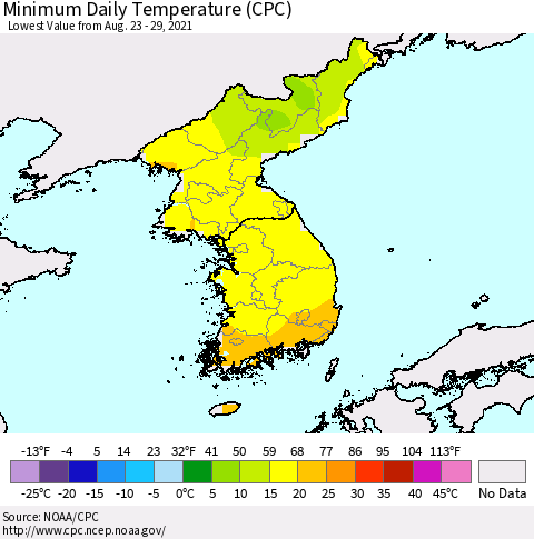 Korea Minimum Daily Temperature (CPC) Thematic Map For 8/23/2021 - 8/29/2021