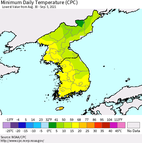 Korea Minimum Daily Temperature (CPC) Thematic Map For 8/30/2021 - 9/5/2021