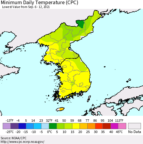 Korea Minimum Daily Temperature (CPC) Thematic Map For 9/6/2021 - 9/12/2021