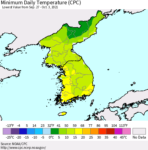 Korea Minimum Daily Temperature (CPC) Thematic Map For 9/27/2021 - 10/3/2021