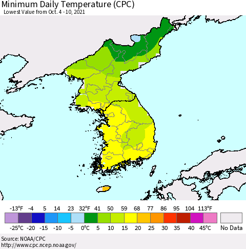 Korea Minimum Daily Temperature (CPC) Thematic Map For 10/4/2021 - 10/10/2021