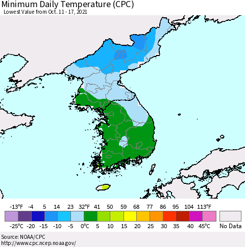 Korea Minimum Daily Temperature (CPC) Thematic Map For 10/11/2021 - 10/17/2021