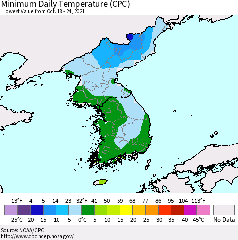 Korea Minimum Daily Temperature (CPC) Thematic Map For 10/18/2021 - 10/24/2021