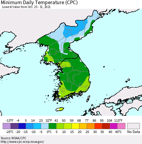 Korea Minimum Daily Temperature (CPC) Thematic Map For 10/25/2021 - 10/31/2021