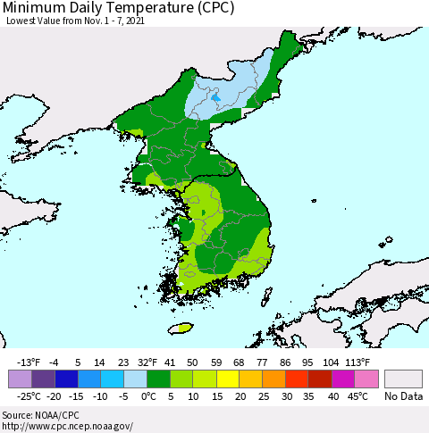 Korea Minimum Daily Temperature (CPC) Thematic Map For 11/1/2021 - 11/7/2021