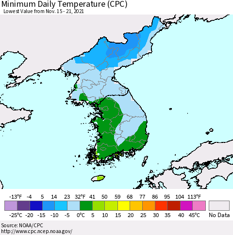 Korea Minimum Daily Temperature (CPC) Thematic Map For 11/15/2021 - 11/21/2021