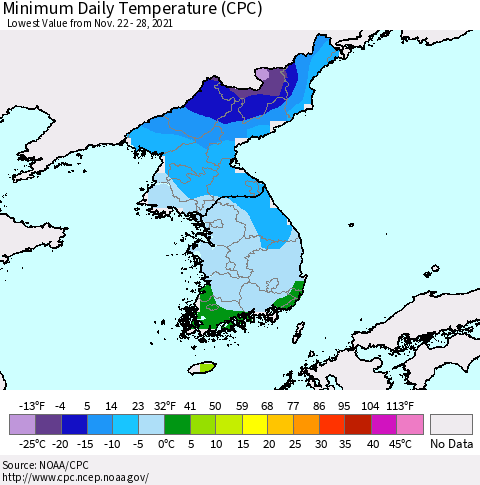 Korea Minimum Daily Temperature (CPC) Thematic Map For 11/22/2021 - 11/28/2021