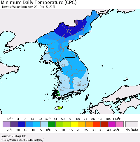 Korea Minimum Daily Temperature (CPC) Thematic Map For 11/29/2021 - 12/5/2021