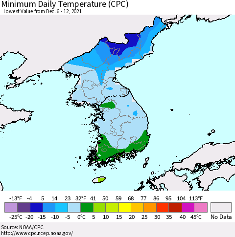 Korea Minimum Daily Temperature (CPC) Thematic Map For 12/6/2021 - 12/12/2021