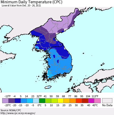 Korea Minimum Daily Temperature (CPC) Thematic Map For 12/20/2021 - 12/26/2021