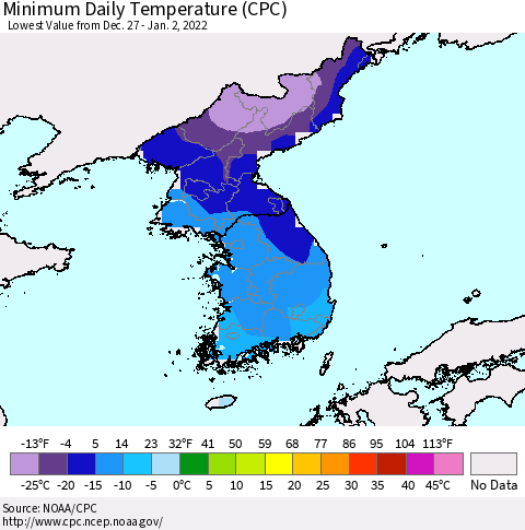 Korea Minimum Daily Temperature (CPC) Thematic Map For 12/27/2021 - 1/2/2022