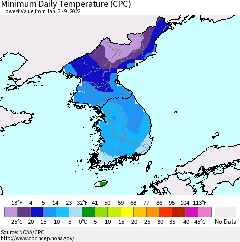 Korea Minimum Daily Temperature (CPC) Thematic Map For 1/3/2022 - 1/9/2022
