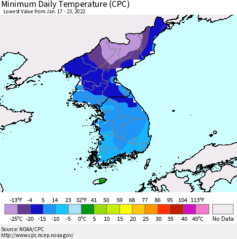 Korea Minimum Daily Temperature (CPC) Thematic Map For 1/17/2022 - 1/23/2022