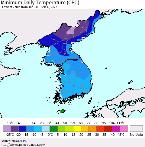 Korea Minimum Daily Temperature (CPC) Thematic Map For 1/31/2022 - 2/6/2022