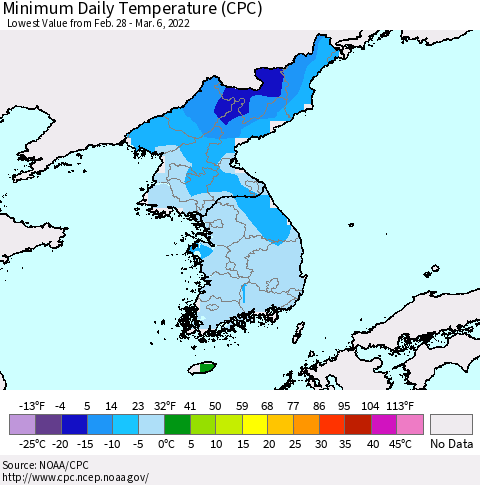 Korea Minimum Daily Temperature (CPC) Thematic Map For 2/28/2022 - 3/6/2022