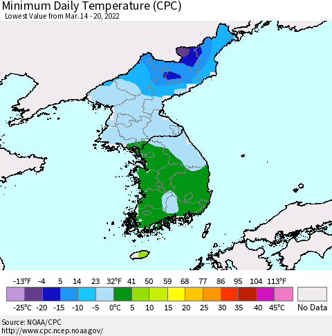 Korea Minimum Daily Temperature (CPC) Thematic Map For 3/14/2022 - 3/20/2022