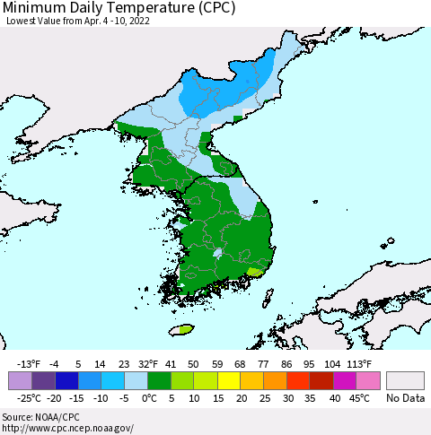 Korea Minimum Daily Temperature (CPC) Thematic Map For 4/4/2022 - 4/10/2022