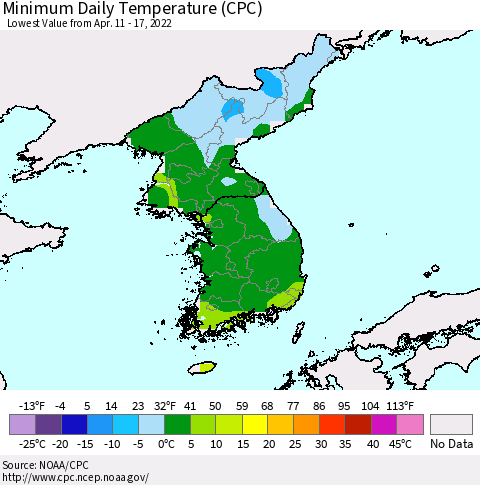 Korea Minimum Daily Temperature (CPC) Thematic Map For 4/11/2022 - 4/17/2022