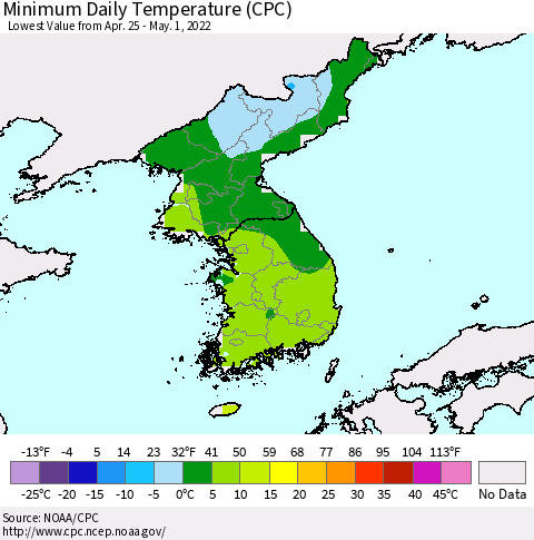 Korea Minimum Daily Temperature (CPC) Thematic Map For 4/25/2022 - 5/1/2022