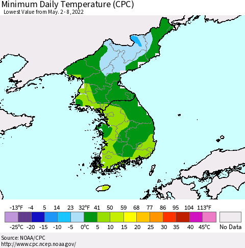 Korea Minimum Daily Temperature (CPC) Thematic Map For 5/2/2022 - 5/8/2022