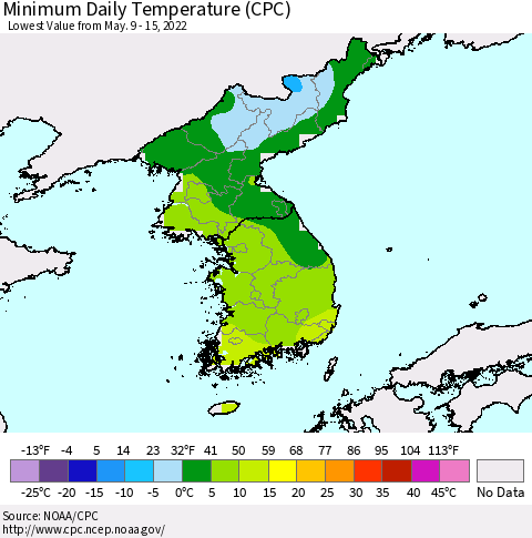 Korea Minimum Daily Temperature (CPC) Thematic Map For 5/9/2022 - 5/15/2022
