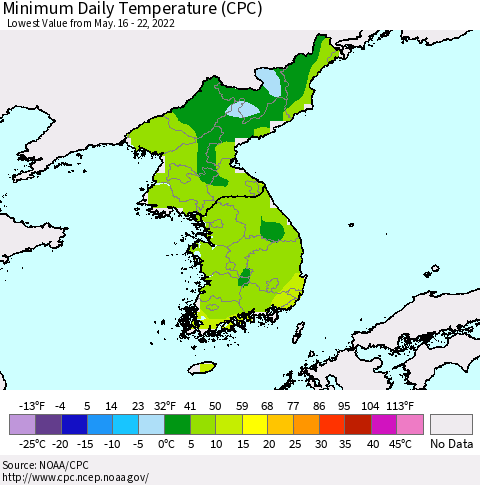 Korea Minimum Daily Temperature (CPC) Thematic Map For 5/16/2022 - 5/22/2022