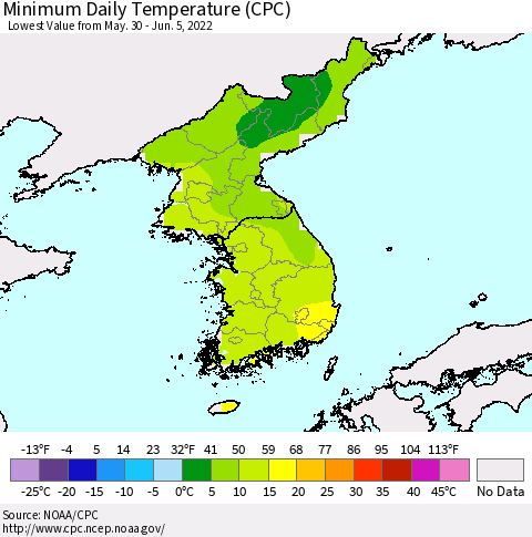 Korea Minimum Daily Temperature (CPC) Thematic Map For 5/30/2022 - 6/5/2022