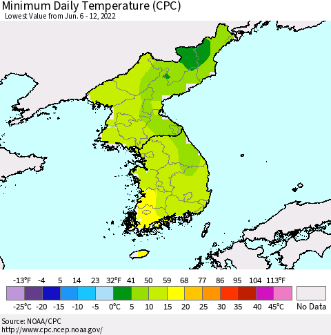 Korea Minimum Daily Temperature (CPC) Thematic Map For 6/6/2022 - 6/12/2022