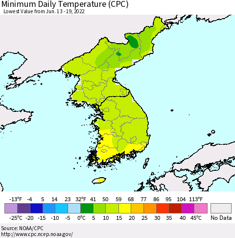 Korea Minimum Daily Temperature (CPC) Thematic Map For 6/13/2022 - 6/19/2022