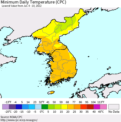 Korea Minimum Daily Temperature (CPC) Thematic Map For 7/4/2022 - 7/10/2022