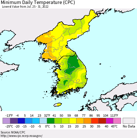 Korea Minimum Daily Temperature (CPC) Thematic Map For 7/25/2022 - 7/31/2022