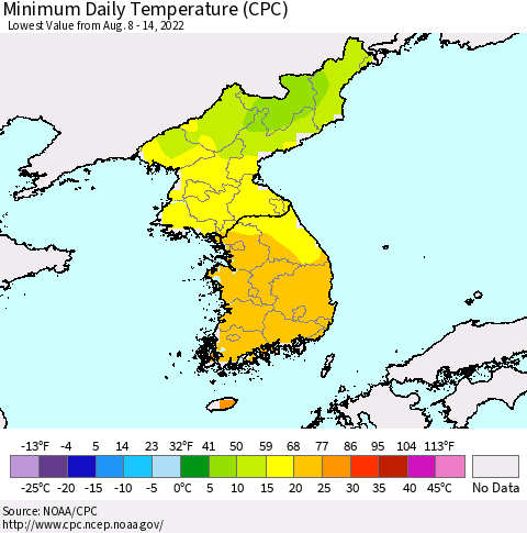 Korea Minimum Daily Temperature (CPC) Thematic Map For 8/8/2022 - 8/14/2022