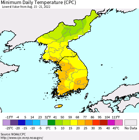 Korea Minimum Daily Temperature (CPC) Thematic Map For 8/15/2022 - 8/21/2022