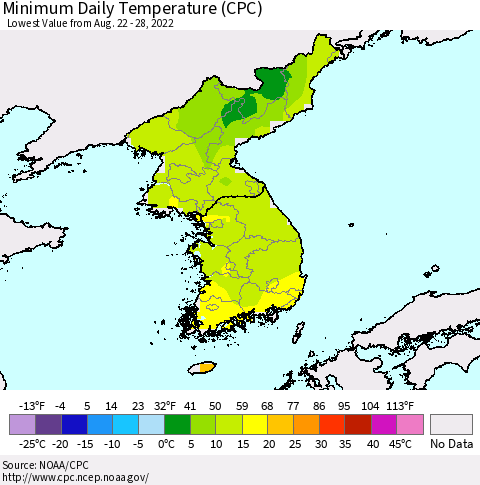 Korea Minimum Daily Temperature (CPC) Thematic Map For 8/22/2022 - 8/28/2022