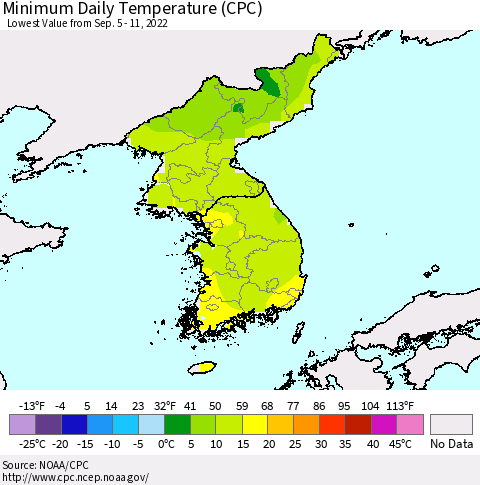 Korea Minimum Daily Temperature (CPC) Thematic Map For 9/5/2022 - 9/11/2022