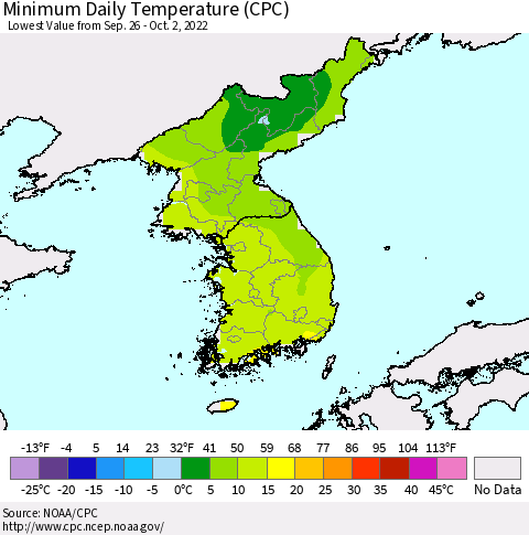 Korea Minimum Daily Temperature (CPC) Thematic Map For 9/26/2022 - 10/2/2022