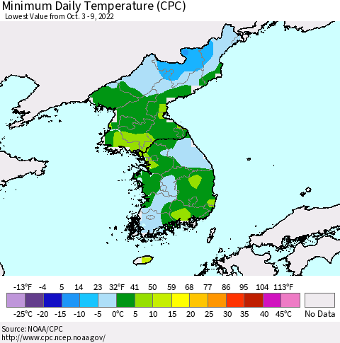 Korea Minimum Daily Temperature (CPC) Thematic Map For 10/3/2022 - 10/9/2022