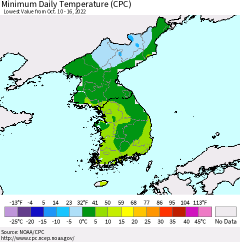 Korea Minimum Daily Temperature (CPC) Thematic Map For 10/10/2022 - 10/16/2022