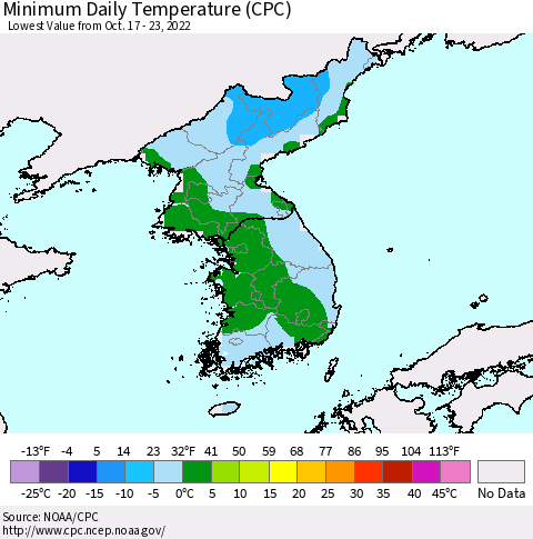 Korea Minimum Daily Temperature (CPC) Thematic Map For 10/17/2022 - 10/23/2022