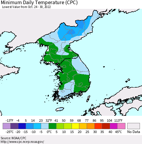 Korea Minimum Daily Temperature (CPC) Thematic Map For 10/24/2022 - 10/30/2022