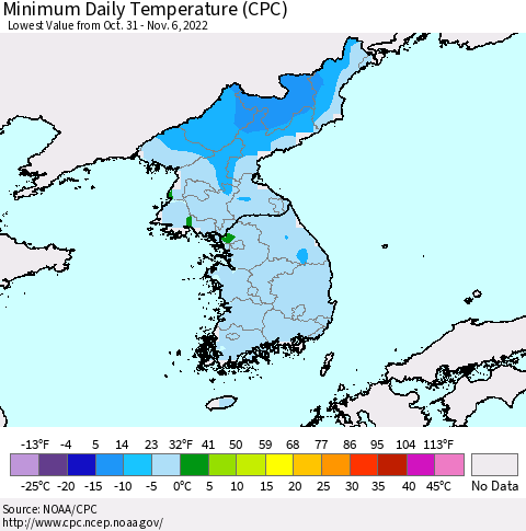 Korea Minimum Daily Temperature (CPC) Thematic Map For 10/31/2022 - 11/6/2022