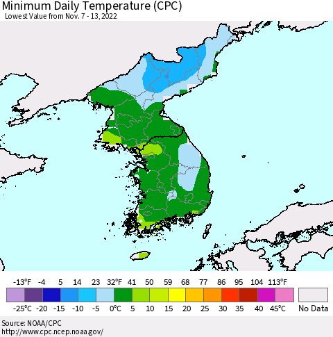 Korea Minimum Daily Temperature (CPC) Thematic Map For 11/7/2022 - 11/13/2022