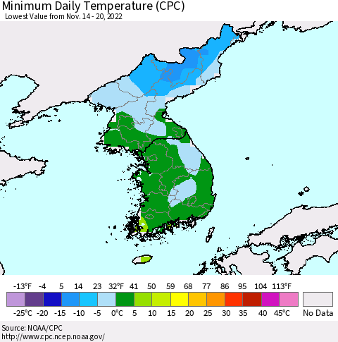 Korea Minimum Daily Temperature (CPC) Thematic Map For 11/14/2022 - 11/20/2022