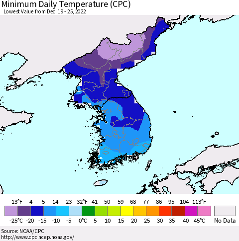 Korea Minimum Daily Temperature (CPC) Thematic Map For 12/19/2022 - 12/25/2022