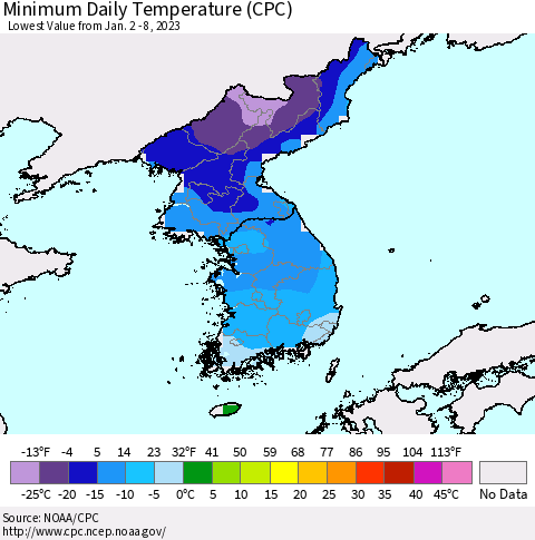 Korea Minimum Daily Temperature (CPC) Thematic Map For 1/2/2023 - 1/8/2023
