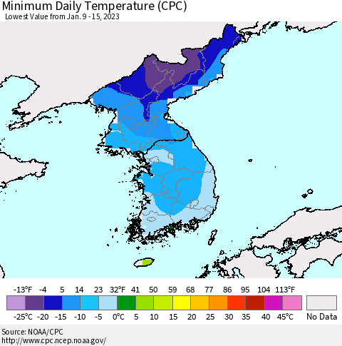 Korea Minimum Daily Temperature (CPC) Thematic Map For 1/9/2023 - 1/15/2023