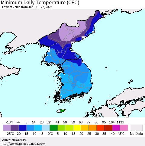 Korea Minimum Daily Temperature (CPC) Thematic Map For 1/16/2023 - 1/22/2023