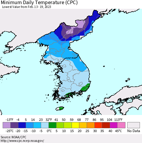 Korea Minimum Daily Temperature (CPC) Thematic Map For 2/13/2023 - 2/19/2023